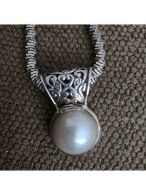 White Mabe Pearl Pendant Set in a Sterling Silver 2-Sided 3D Scroll Frame